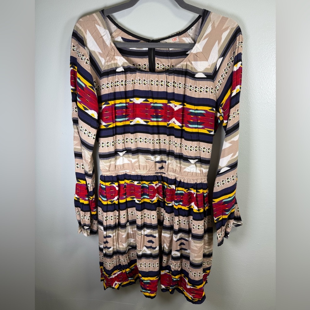 Gianni Bini Beige and Red‎ Patterned Long Sleeve Dress Sz Large